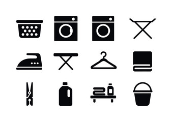 Laundry Icons Set. Laundry room items. Solid icon set of Laundry room items: basket, washing machine, dryer, rack, iron, ironing board, hanger,
