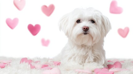 Cute fluffy white dog surrounded by pink hearts expressing warmth and love in a clean studio setup