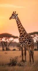 Obraz premium Giraffe in the African Savannah at Sunset - A Majestic Wildlife Encounter.