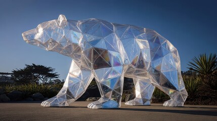 Sculpture of a bear made from clear materials placed in a public space under bright sunlight during the day