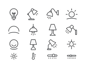 Fototapeta premium Mood Lighting Icons. Creating mood lighting with a dimmer. Line icon set of creating mood lighting with a dimmer: warm-tone bulb, dim reading lamp, adjustable