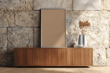 Blank vertical picture frame rests on a modern wooden cabinet against a rough stone wall