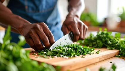 Man Chopping Fresh Green Herbs on Wooden Cutting Board with Knife in Kitchen