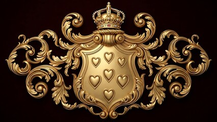 An ornate golden crest displaying a shield with heart motifs and a crown