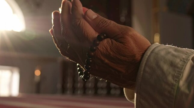 Muslim man praying with tasbih prayer beads in mosque, hands held in supplication during dhikr, islamic worship and spirituality background