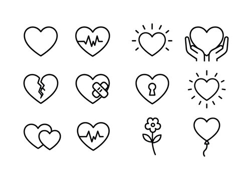 Heart Icon Collection. Open heart. Line icon set of Open heart: heart outline, beating heart, heart with rays, heart in hands, broken heart mending, heart with