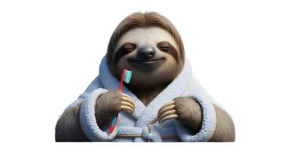 Happy Sloth Brushing Teeth Wearing White Robe Illustration