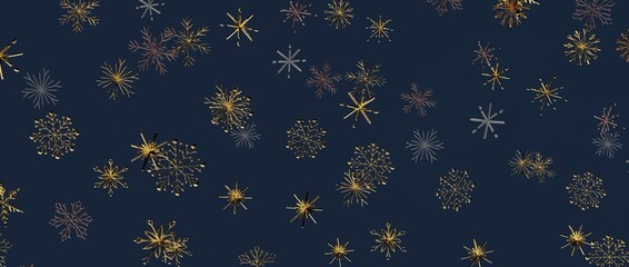 Abstract pattern with golden and silver snowflakes on dark blue background. Perfect for Christmas, Winter, hol