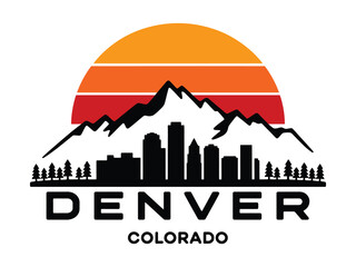 Denver Colorado skyline with Rocky Mountains and ski slopes, vector illustration combining city life, mountain adventure, winter sports culture, travel destination visuals, and high ranking landscape 