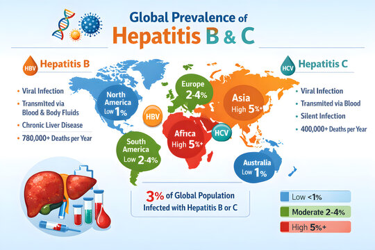 Vector Infographic about globe prevalence of Hepatitis B & C world map with Liver icon 