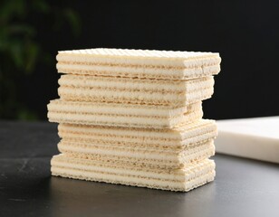 Stack Of Cream Filled Wafers Arranged In A Tall Pile With Textured Layers On A Dark Moody Studio Background
