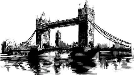Obraz premium A monochrome illustration of an iconic bridge with reflections in the water below