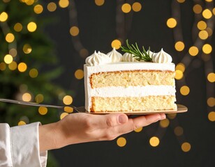 Slice of Cream Cake with Rosemary Garnish Served on Cake Server with Blurred Christmas Tree and Golden Bokeh Lights Background