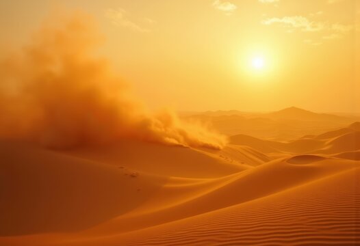 Ephemeral Sandstorm Blowing Dust Across Golden Desert Hills Under Burning Sun