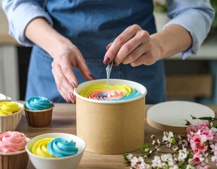 Skilled Baker Decorating Cupcakes With Colorful Swirl Frosting In A Kitchen With Flowers And Baking Supplies