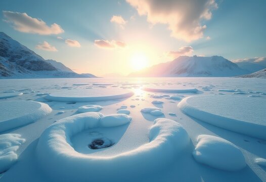 Expansive Glow of Celestial Ice Field Under a Glimmering Sun with Ethereal Swirls