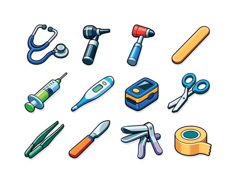 Doctor's Tools Icons. Doctor?s tools. Colorful isometric vector icons set of doctor?s tools: stethoscope, otoscope, reflex hammer, tongue depressor, syringe,