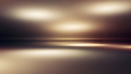 Abstract Interior with Blurred Lights Beige Brown Smooth Surfaces and Dark Horizon Line Glowing White Spots in Soft Focus Perspective