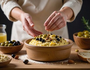 Hands Sprinkling Toppings Over Couscous Salad Prepared With Olives Nuts And Herbs In Rustic Bowl On Wooden Table With Juice And Bread