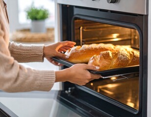 Woman Placing Freshly Baked Golden Brown Bread Loaves Onto Baking Sheet Inside Oven With Warm Interior Lighting