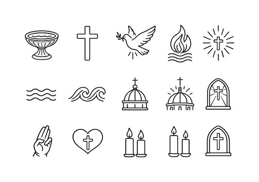 Christian Baptism Icons. Christian baptism. Line icon set of christian baptism: holy water basin, scriptural cross, gentle dove descent, symbolic flame, water