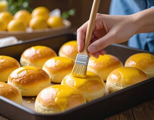 Close-up Of A Hand Brushing Golden Glaze On Freshly Baked Golden Brown Bread Rolls In A Baking Tray With Lemons In The Background