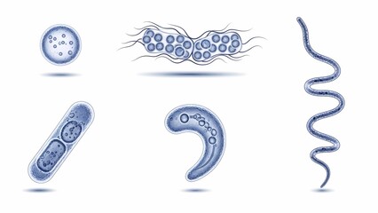 A collection of various abstract blue bacteria and microorganisms, depicting different cellular shapes like cocci, bacilli, and spirilla, isolated on a white background for scientific illustration.