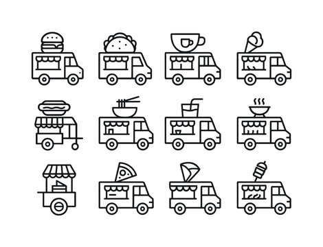 Street Food Icon Set. Street food. Line icon set of food truck items: burger truck, taco truck, coffee van, ice cream truck, hot dog cart, noodle van, juice