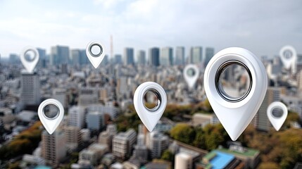 Markers highlight different locations in a city at night with buildings and lights visible in the background showing urban layout