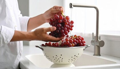 Hands Washing Red Grapes Under Running Water In A White Kitchen Sink With A Stainless Steel Faucet And A White Colander