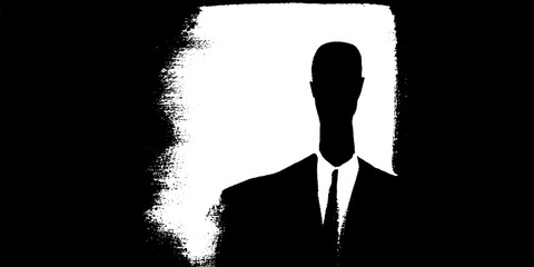 Faceless silhouette of a male figure in suit against grunge black and white background
