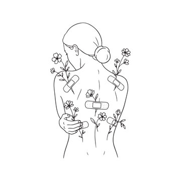 Woman hugging herself with flowers growing from bandages on back, vector line art illustration. Concept of self-love, mental health healing, emotional recovery and growth. Minimalist sketch design.
