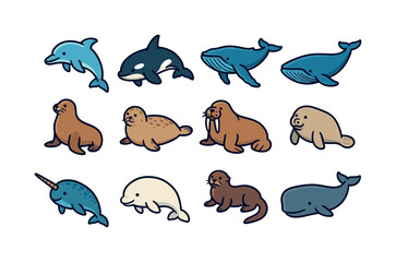 Obraz premium Marine Mammals Icons. marine mammals. Colorful isometric vector icons set of marine mammals: dolphin, orca, humpback whale, blue whale, sea lion, harbor seal,