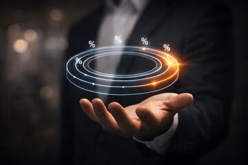Businessman holding glowing concentric circles with percentages