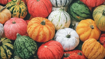 Colorful display of pumpkins and gourds in a market during fall season