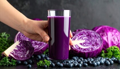 Hand Holding Glass Of Vibrant Purple Juice Surrounded By Fresh Red Cabbage Blueberries And Kale On Dark Surface