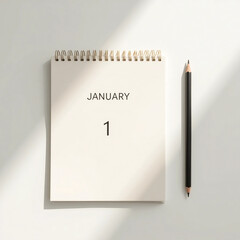 Minimalist flat lay of a January 1st desk calendar with candles and natural stones in warm sunlight.