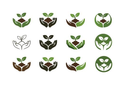 Poverty Alleviation Icons. Poverty alleviation. Icon set. Set Logo of poverty alleviation: seedling growth. harmonious logo variations of the same emblematic