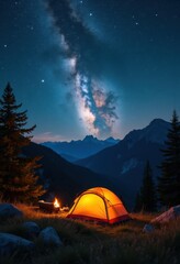 Starry Night Over Camping Tent in Valley Beneath Celestial Wonders