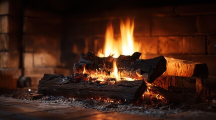 Fire burns in a fireplace with wooden logs and glowing flames during evening hours in a cozy indoor space