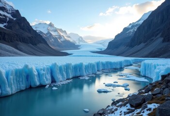Stunning Alpine Glacier Valley with Frozen River and Towering Mountains Under Bright Blue Skies