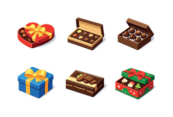 Obraz premium Chocolate Gift Icons. Chocolate Gifts. Isometric flat vector icons set of chocolate gifts: heart chocolate box, praline box, truffle box, ribbon gift box,