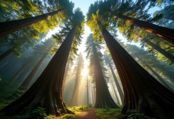 Sublime Ancient Redwood Giants Towering Skyward with Lush Canopy Above