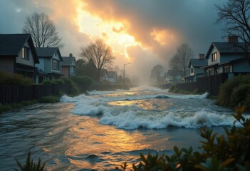 Surging Floodwaters Engulf River Bank Town Twisted Reality Dramatic Unfolding Crisis