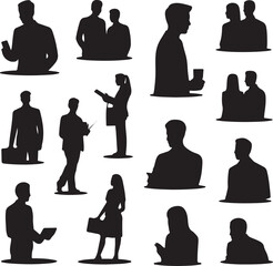 Set of black silhouettes of business people in various poses on white background