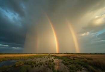 Vibrant Double Rainbow Arc Amidst Stormy Sky Overrolling Fields Dramatic Atmospheric Scene
