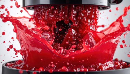 Vibrant Red Juice Splashing Dramatically From a Juicer With Many Tiny Droplets Against a Light Background Showing a Dynamic Food Preparation Process