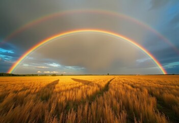 Vibrant Rainbow Arising Earthy Field After Late Summer Thunderstorm Capturing Serenity Nature's Palette