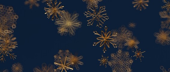 Elegant abstract background featuring gold snowflakes against a dark blue backdrop perfect for...