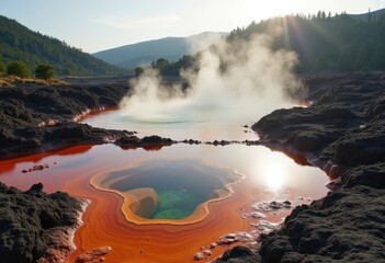 Volcanic Steam Spring Valley Wonderland Surrounded by Volcanic Rock Sculptures and Lush Greenery